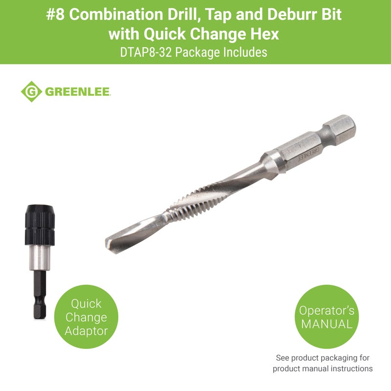 Greenlee DTAP8-32 Combination Drill/Tap Countersink Drill Bit for up to 10-Gauge Metal, Combination Drill, Tap, and Deburr Bit with Quick Change Hex, 8-32 NC - Image 2